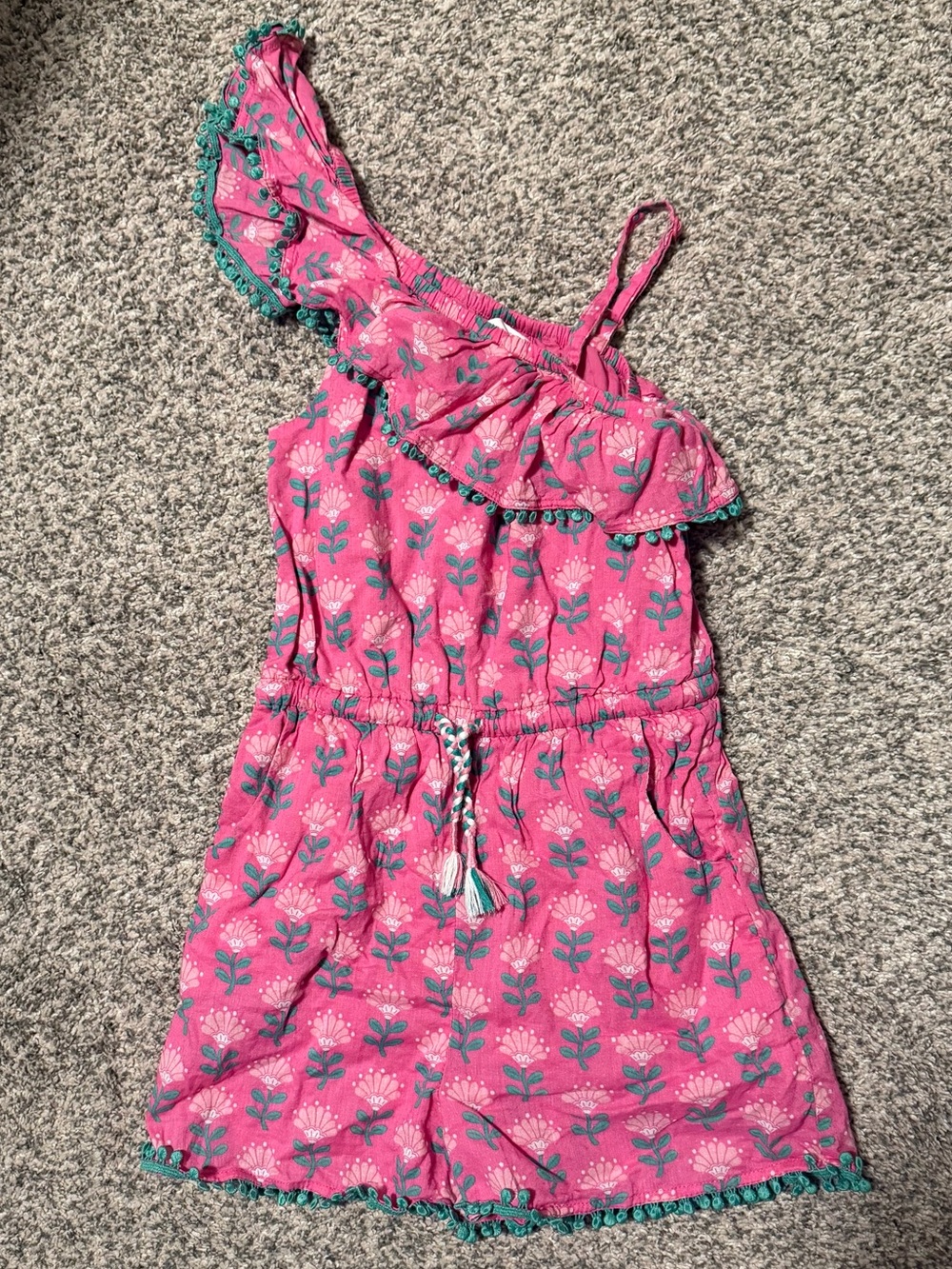 Boden Pink Floral One-Shoulder Romper with Teal Trim